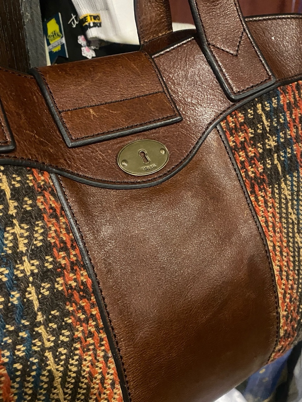 FOSSIL vintage reissue weekender XL leather plaid tote travel bag - Picture 4 of 10
